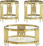 3 Piece Living Room Table Set with 1 Glass Coffee Table and 2 End Tables, 2 Tier Glass Coffee Table Set of 3 with Round Stainles