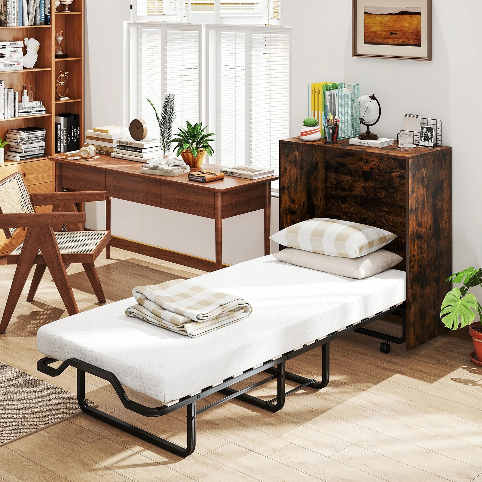 Cot Size Murphy Bed with Storage, Rolling Murphy Cabinet with Foldable Bed