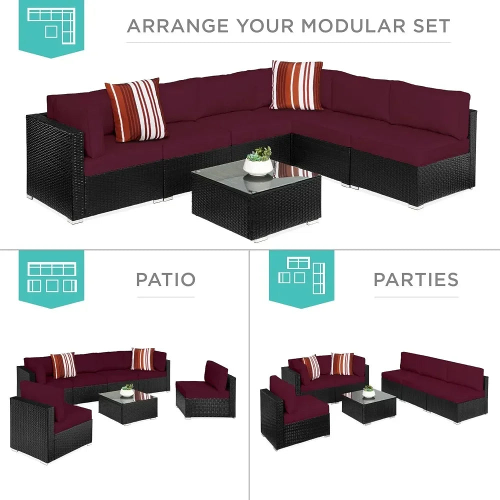 7-piece modular outdoor sectional wicker patio conversation set w/ 2 pillows, coffee table, cover included - black/deep burgund