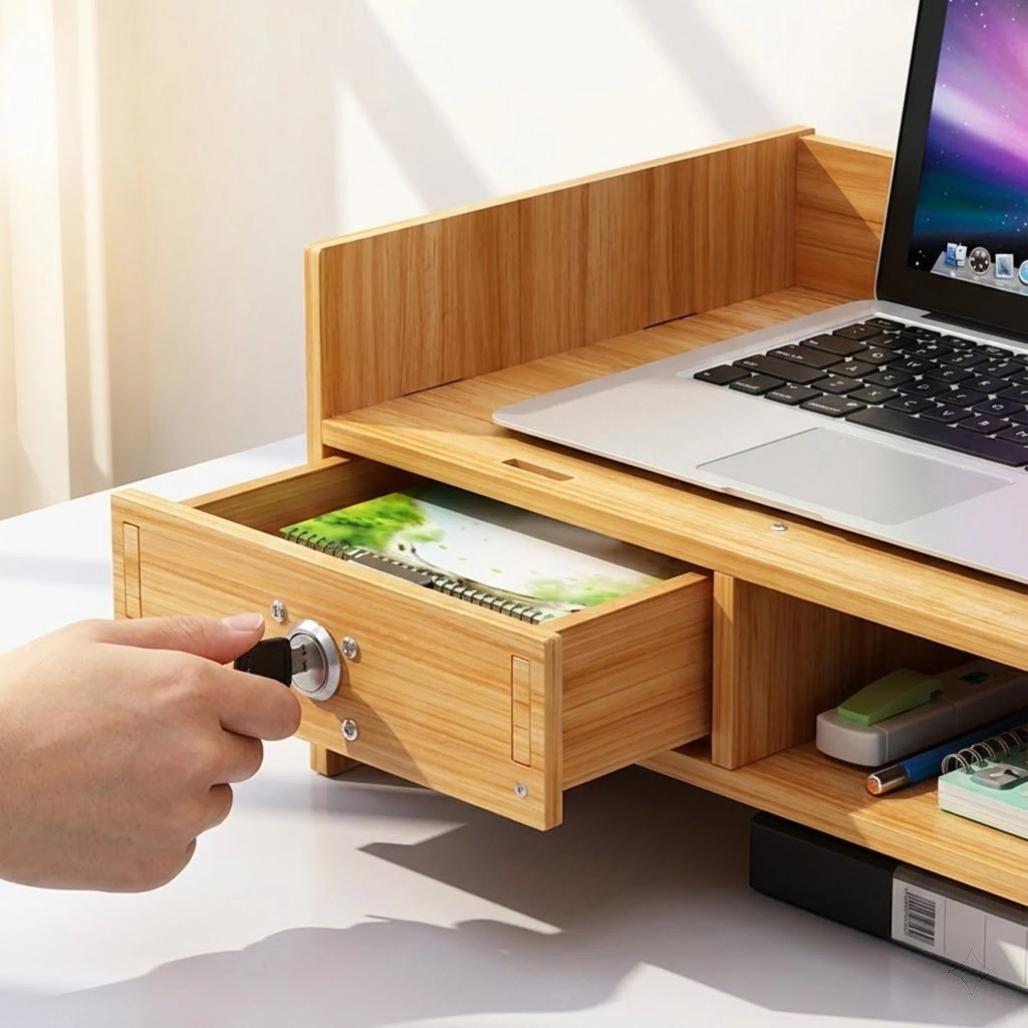 Wooden Desk Organizer Home Office Monitor Stand Riser with Lockable Drawer and Cable Management