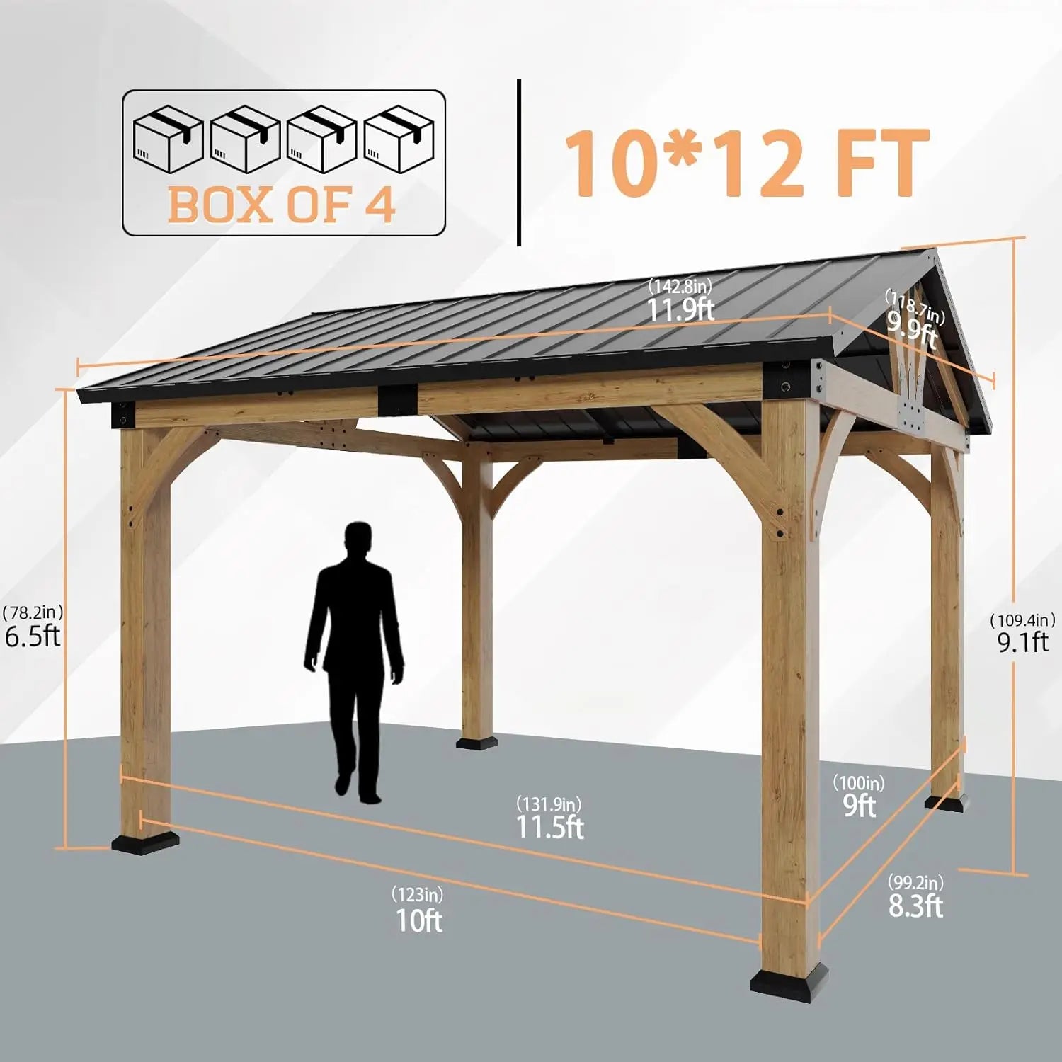 10x12 ft Wood Gazebo, Hardtop Gazebo with Galvanized Steel Peak Roof