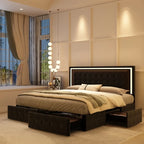 Queen LED Bed Frame with 4 Storage Drawers, RGBW Headboard, PU Upholstered, No Box Spring Needed, 900 lbs Support