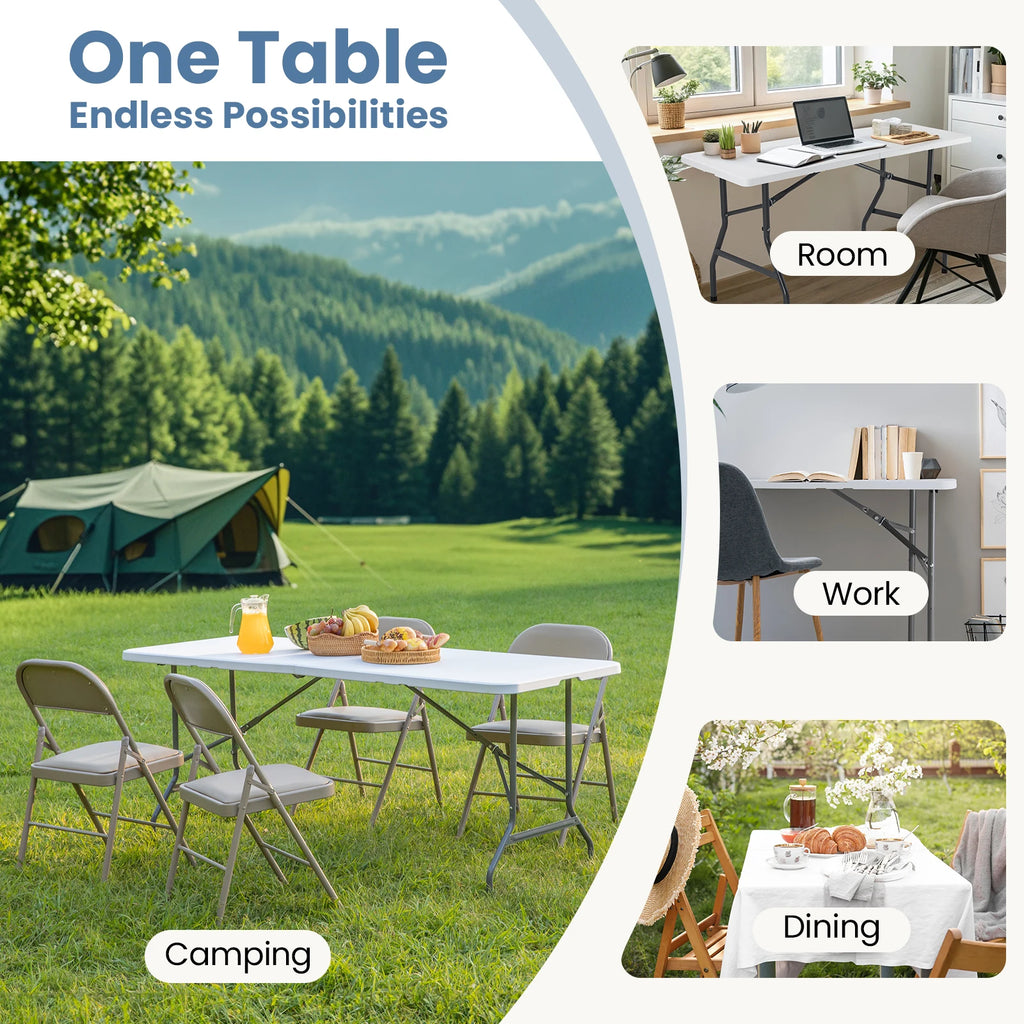 4/6/8 FT Portable Folding Outdoor Indoor Heavy Duty Table with Carrying Handle Safety Lock For Camping Picnic Dining