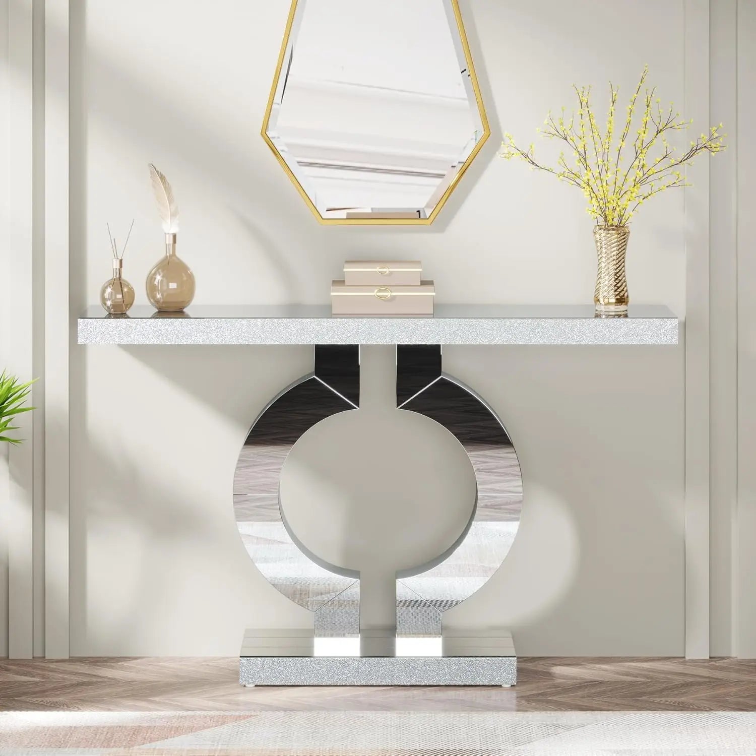 Modern Entryway Table with Thickened Mirror Finish Tabletop