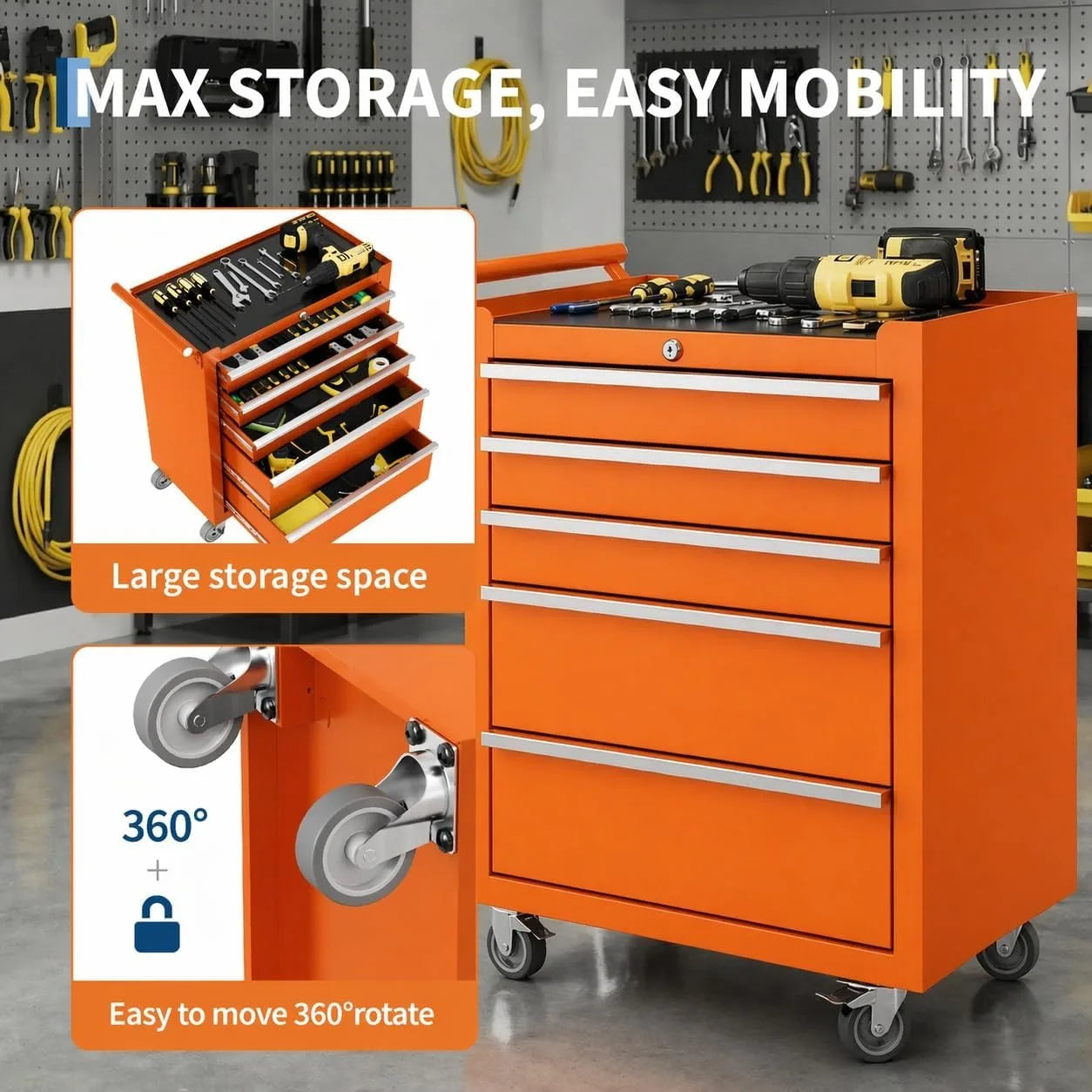 5 Drawer Rolling Tool Chest with Wheels, Locking Tool Storage Cabinet Cart with Drawer Liners, Portable Metal Toolbox Organizer for Garage Workshop Repair