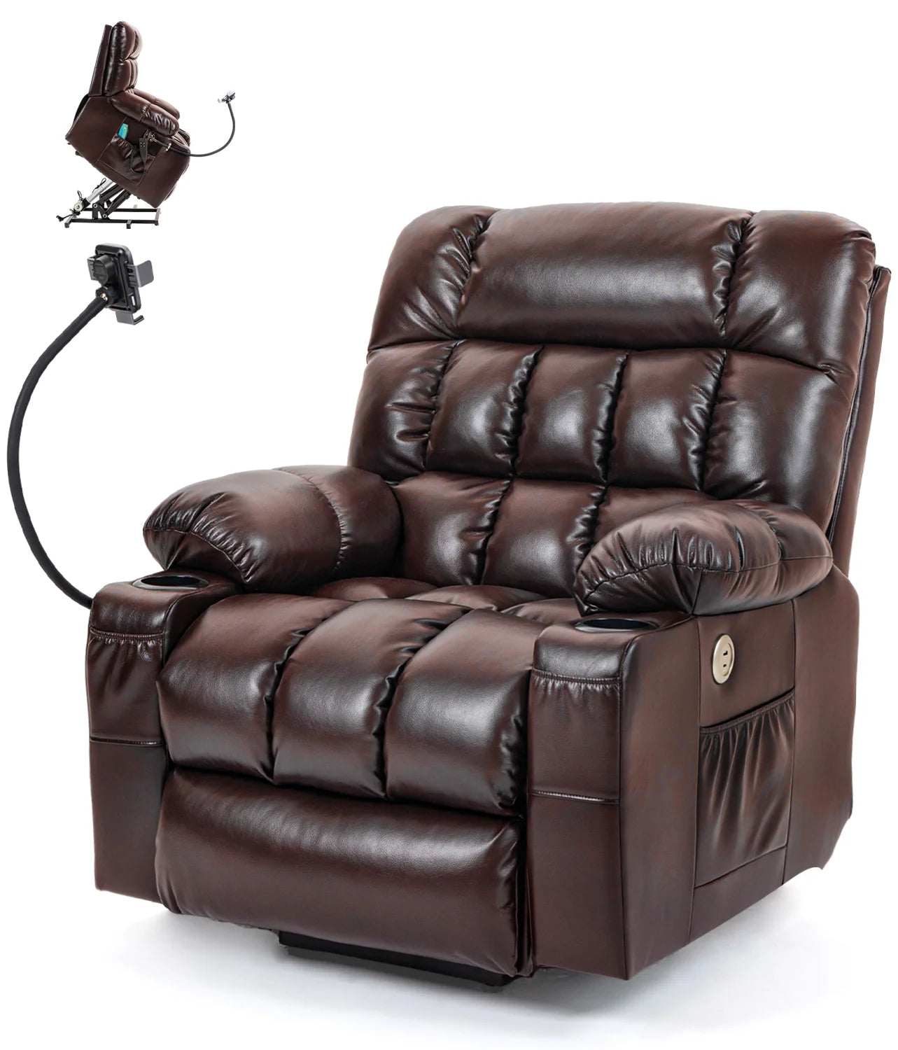Leather Heated Lift Recliner Chair with Dual Motor, Massage, Cup Holder, Wireless Charging, USB