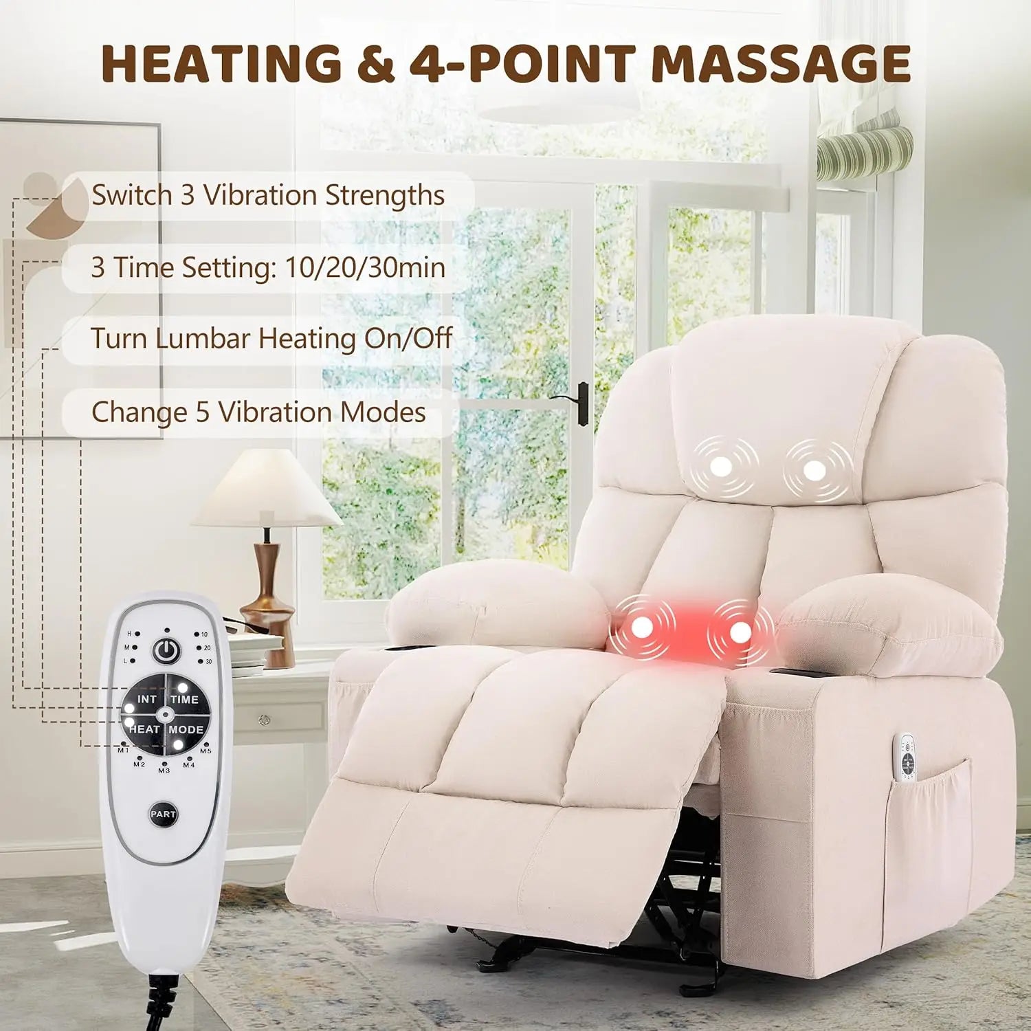 Massage Rocker Recliner Chair with Heat & Vibration 4 Pockets 2 Cup Holders