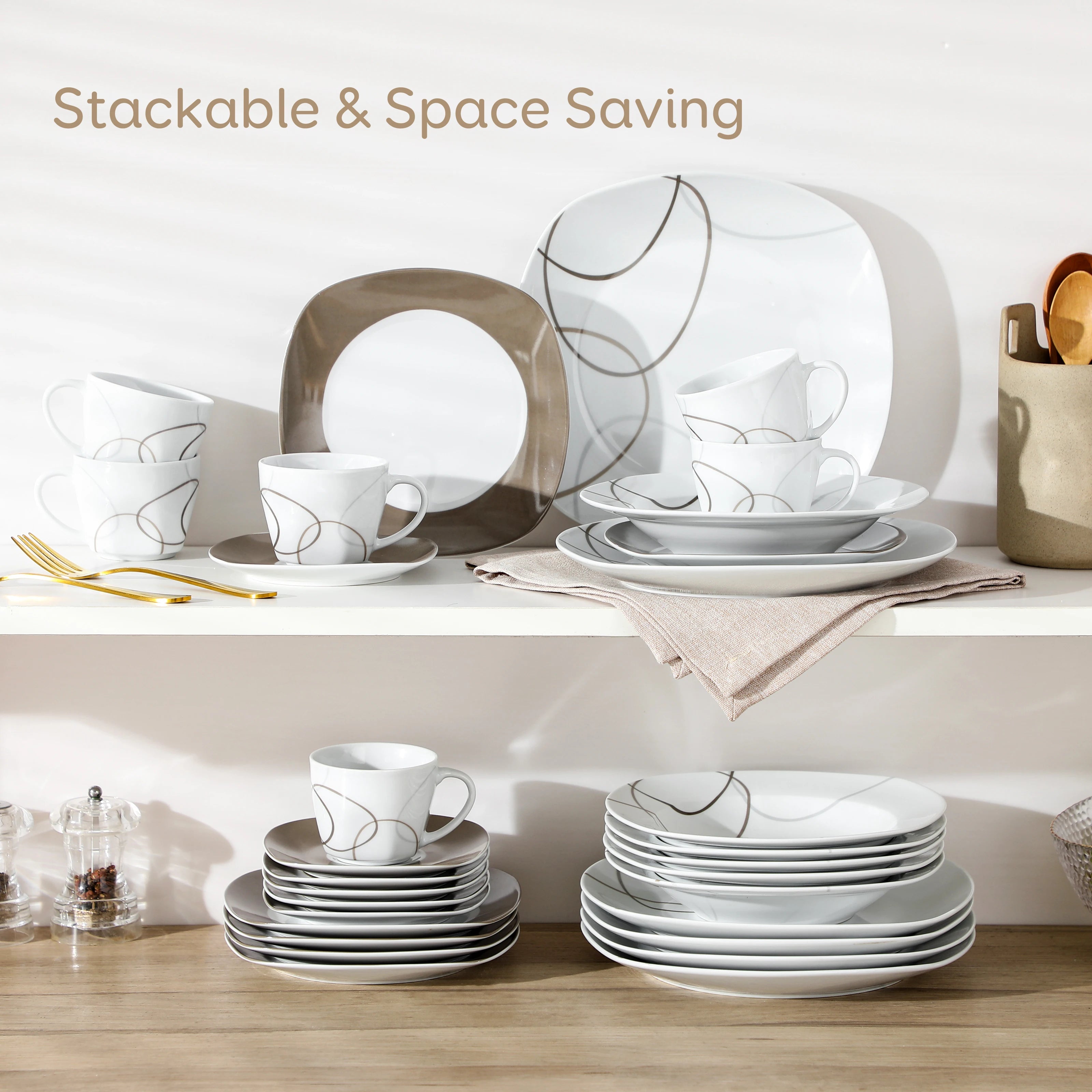 30-Piece Porcelain Ceramic Kitchen Dinner Plate Set with 6pcs Dessert Plates/Soup Plates/Dinner Plates/Cups/Saucers