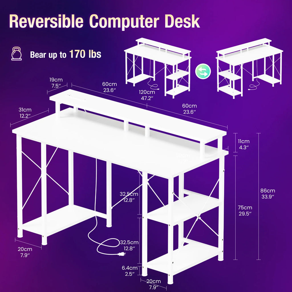 48 Inch Computer Desk with with Shelves Storage Drawers LED Lights Power Outlets Gaming Desk