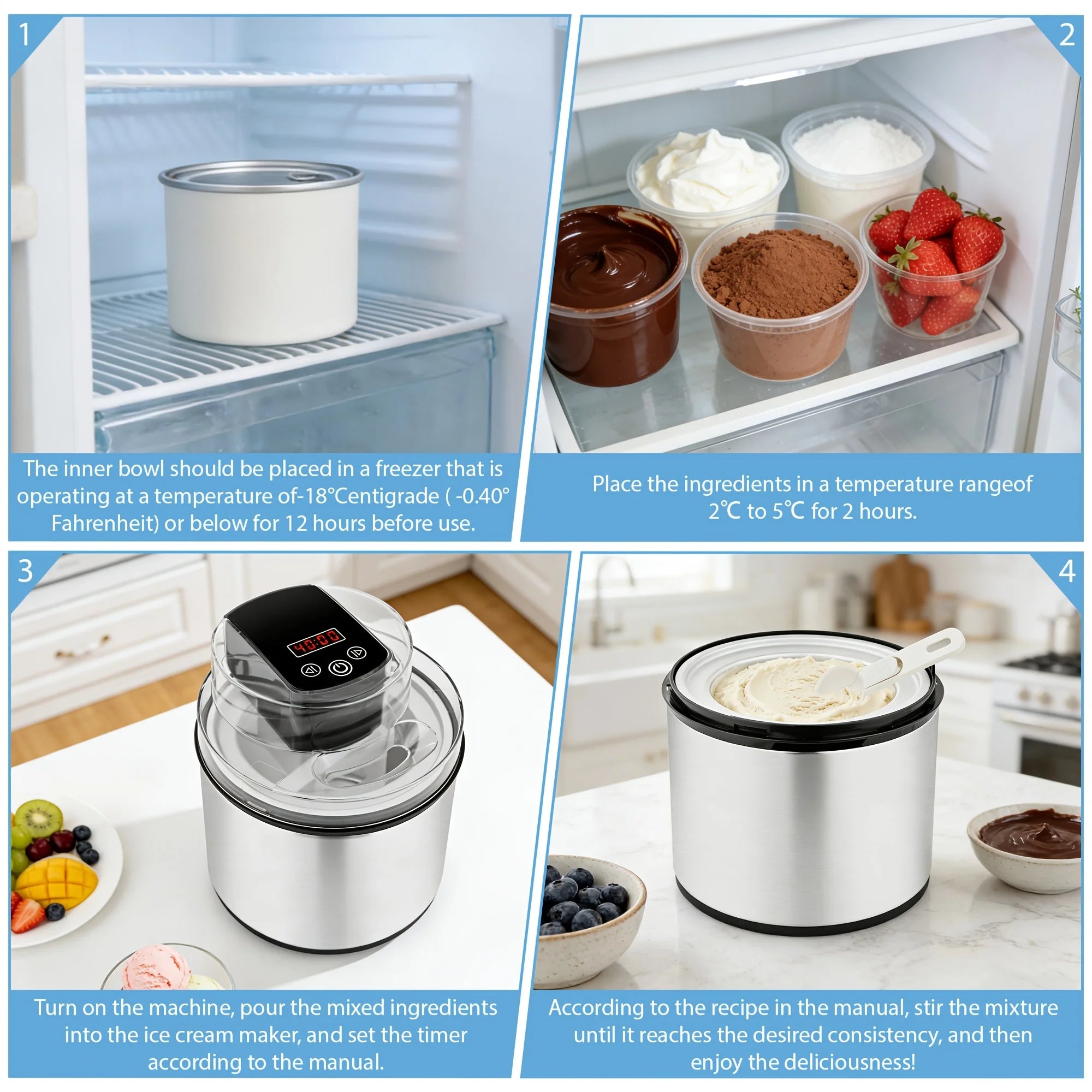 2-liter Large-capacity Electric Ice Cream Maker That Can Make Various Flavors Of Smoothies And Frozen Yogurt. Equipped with An LED Display, Suitable for 1-3 People.