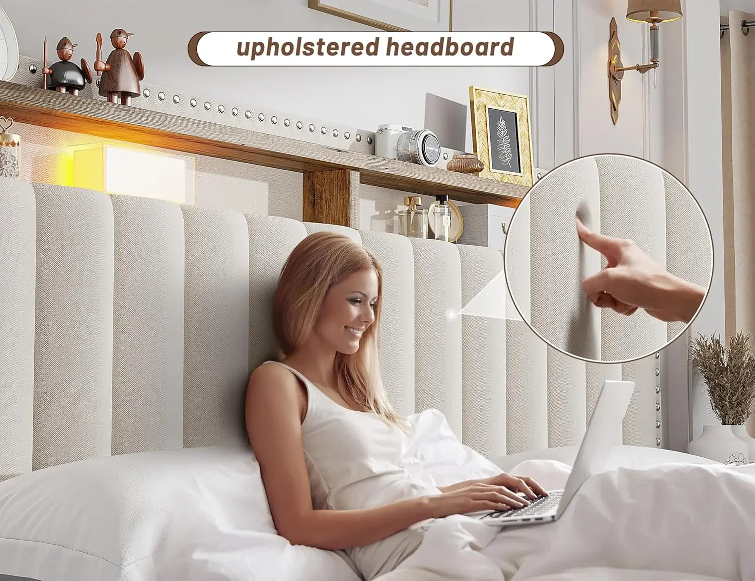 Upholstered King Bed Frame and headboard with 2-Tier Shelves, 4 Drawers