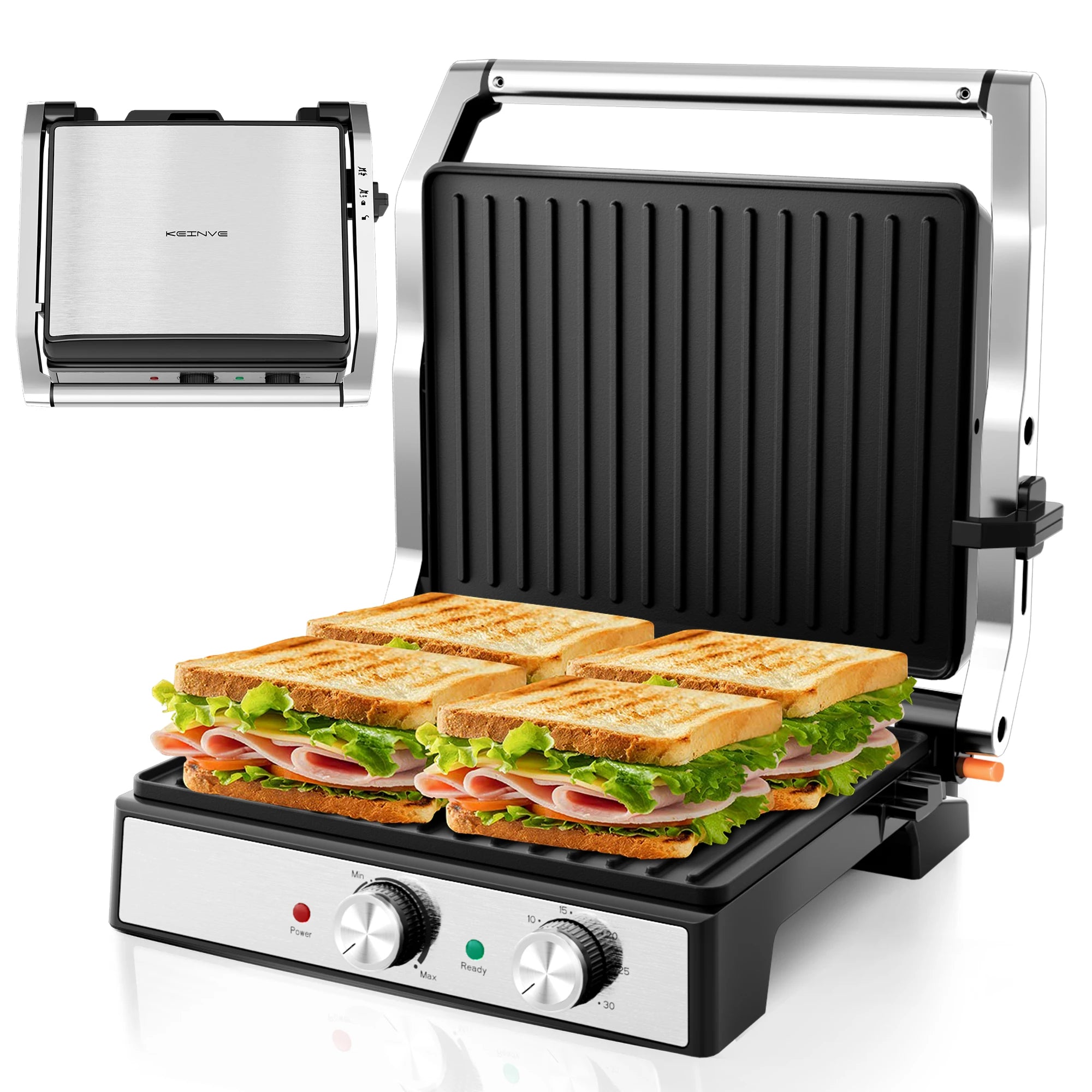 1600W 4-Slice Panini Press With Timer, Adjustable Temp & 180° Opening