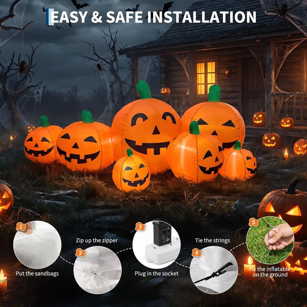 7.5FT Halloween Inflatable Pumpkin Patch With LED Lights, 7 Jack-O-Lantern Blow Up Decor For Outdoor Yard Lawn Thanksgiving Fall