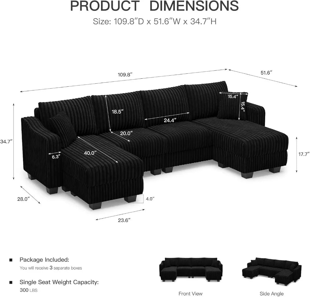 U-Shaped Sectional Sofa with Reversible Chaises & Ottomans, Corduroy Fabric