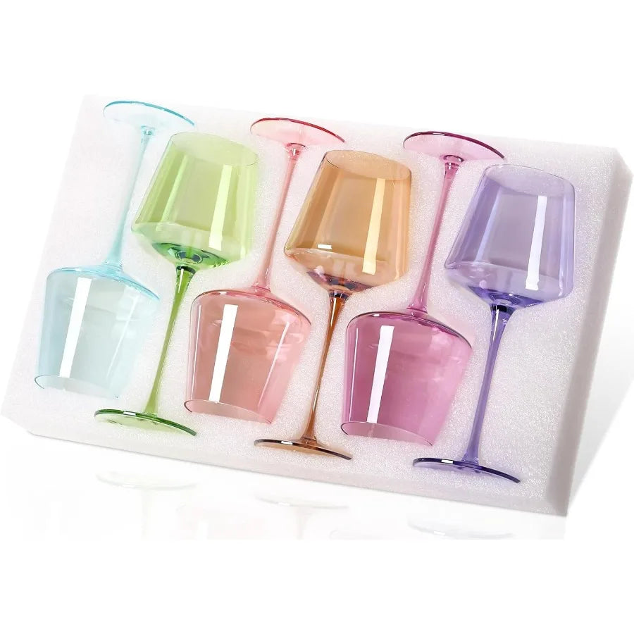 Set of 6,16oz Hand Blown Crystal Colorful Wine Glasses with Long Stem