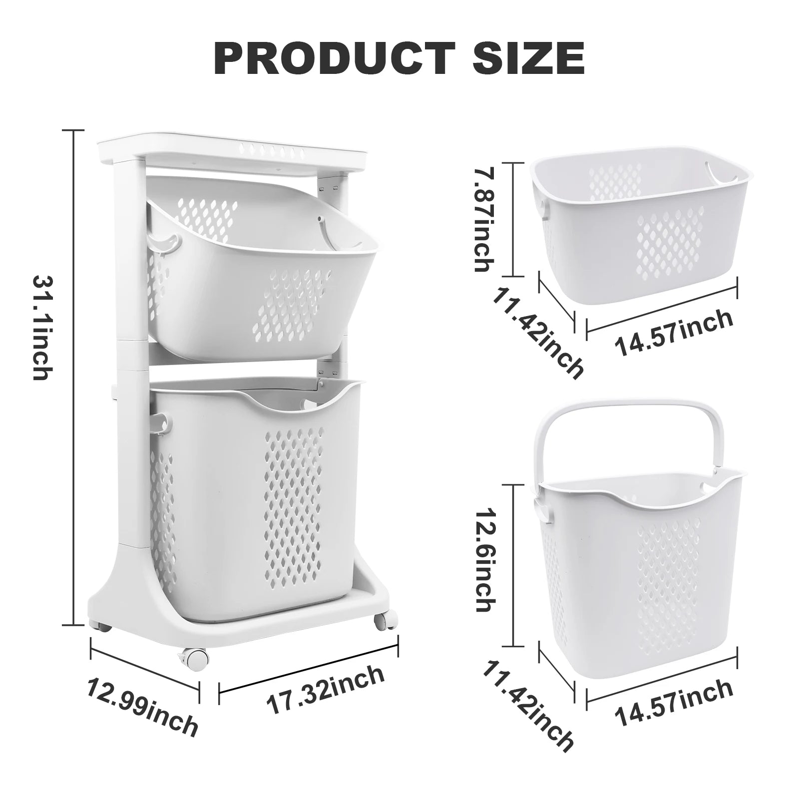 2/4 Tier Laundry Basket Cart Removable Storage Buckets Plastic Hamper with 4 Wheels White