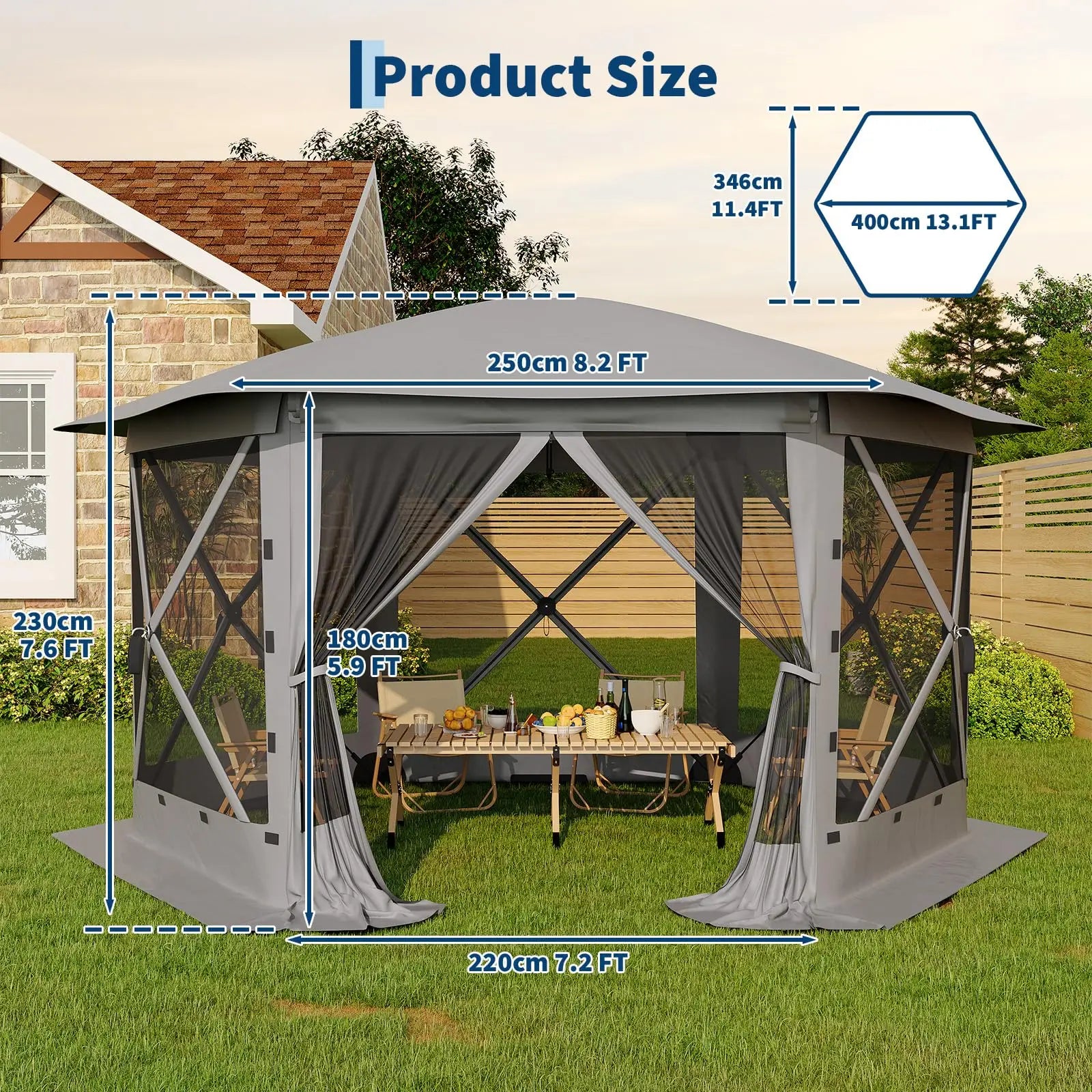 13FT Pop Up Gazebo 6-Sided Outdoor Canopy Tent With Mosquito Netting Removable Roof Wind Sidewalls