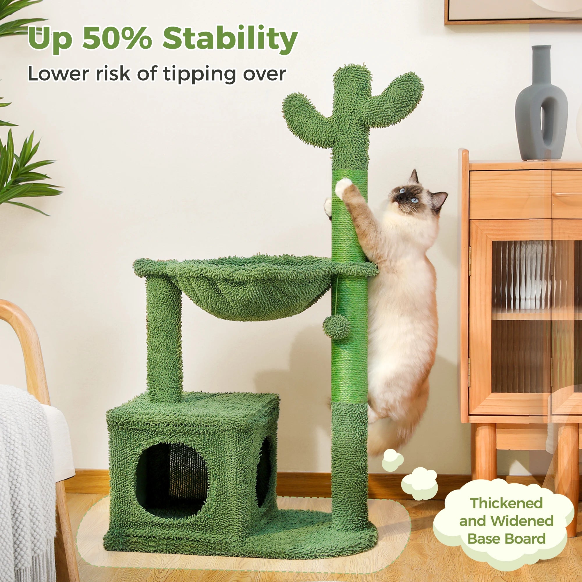 Cactus Cat Tree with Large Condo, Hammock, Dangling Ball, Scratching Post for Indoor