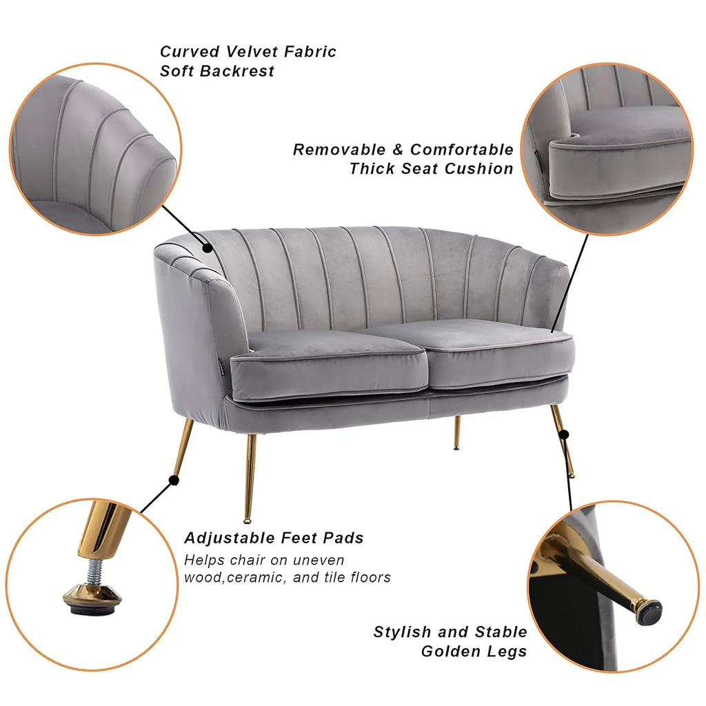 Contemporary Velvet Loveseat Chair with Gold-Finished Metal Legs, 2-Seat Sofa for Living Room, Bedroom, Home Office, Grey