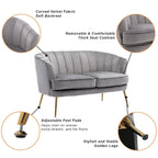 Contemporary Velvet Loveseat Chair with Gold-Finished Metal Legs, 2-Seat Sofa for Living Room, Bedroom, Home Office, Grey