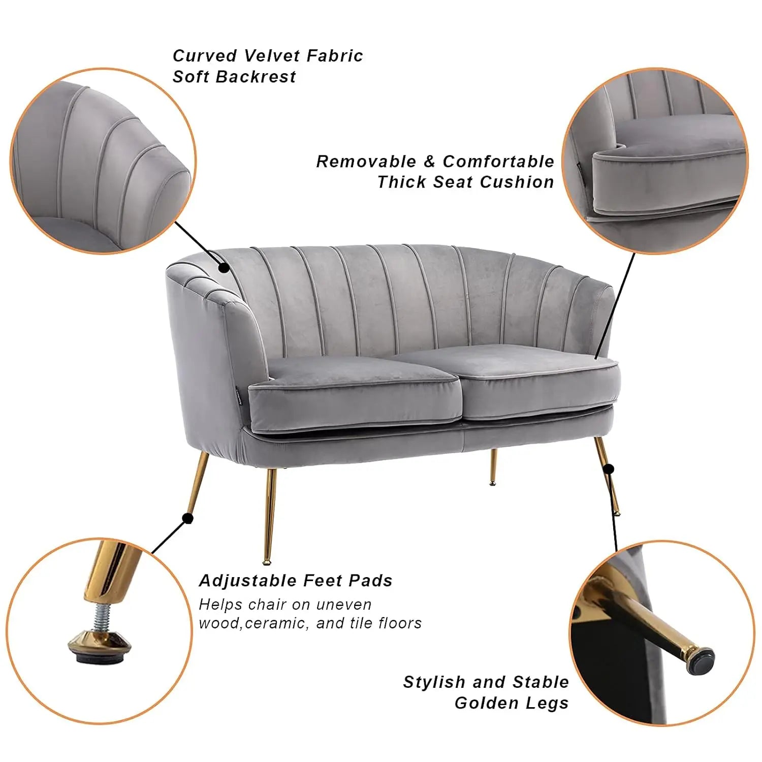 Contemporary Velvet Loveseat Chair with Gold-Finished Metal Legs, 2-Seat Sofa for Living Room, Bedroom, Home Office, Grey