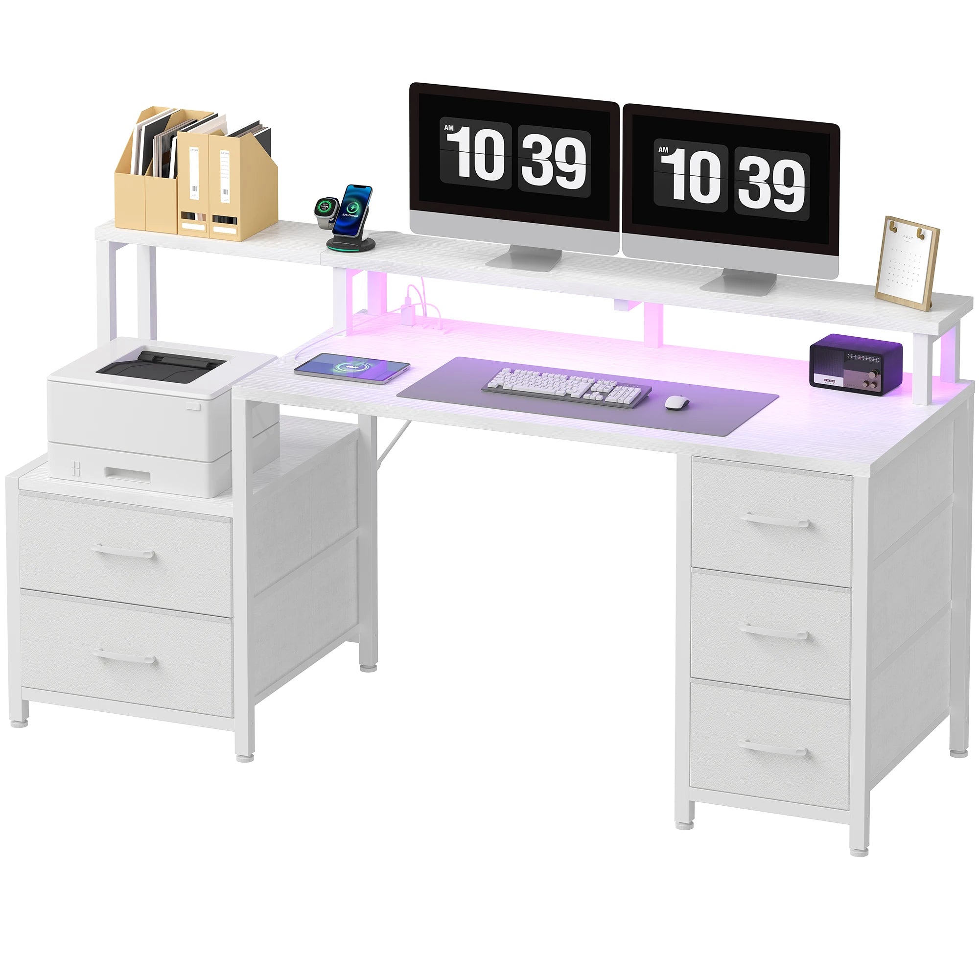 67In Gaming Computer Desk with 5 Storage Drawers, LED Lights, Power Outlets