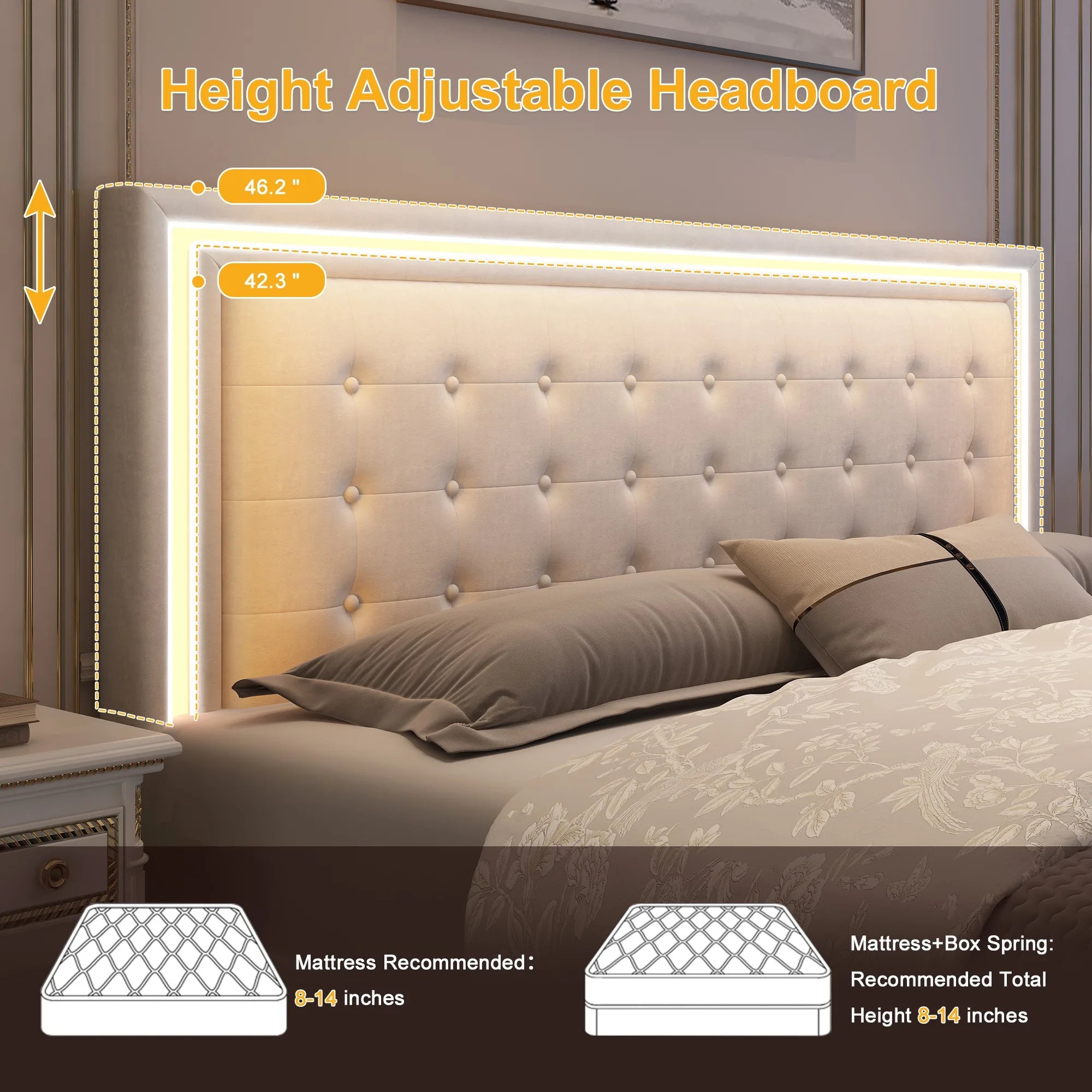 Queen LED Bed Frame with 4 Storage Drawers, RGBW Headboard, PU Upholstered, No Box Spring Needed, 900 lbs Support