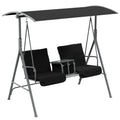 2 Person Outdoor Porch Swing with Stand Canopy, Pivot Storage Table, 2 Cup Holders, Cushions