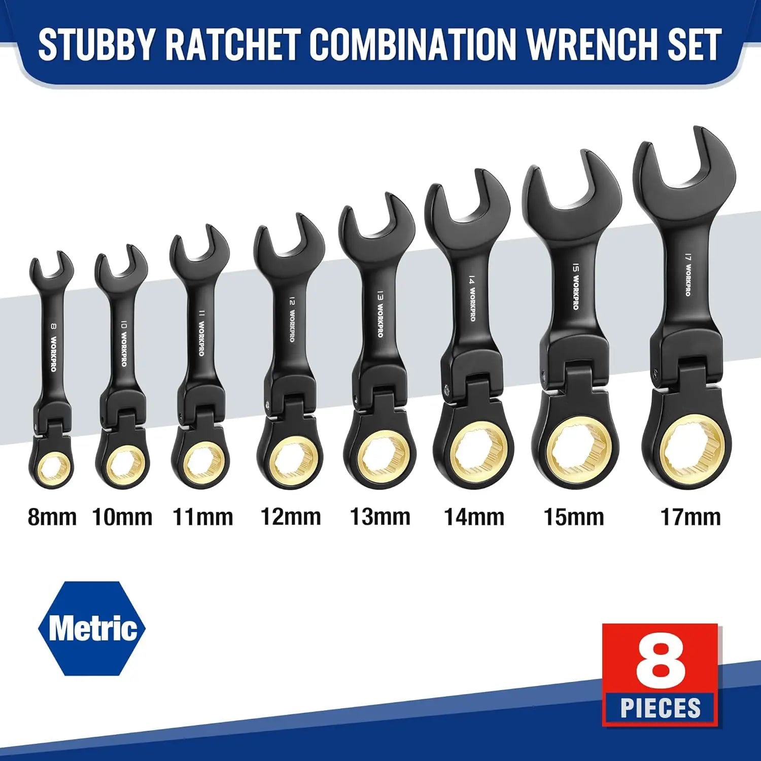 8-Piece Stubby Anti-slip Ratcheting Wrench Set, Metric 8-17mm, 72-Teeth, Flexible Head with Rolling Pouch