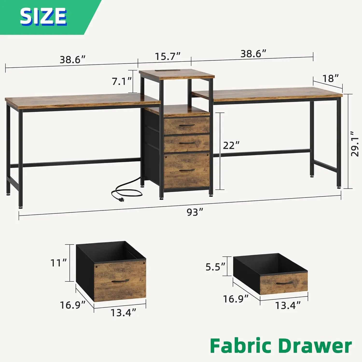 93-Inch Two-Person Desk with Charging Station, 3 Drawers & Printer Shelf for Home Office