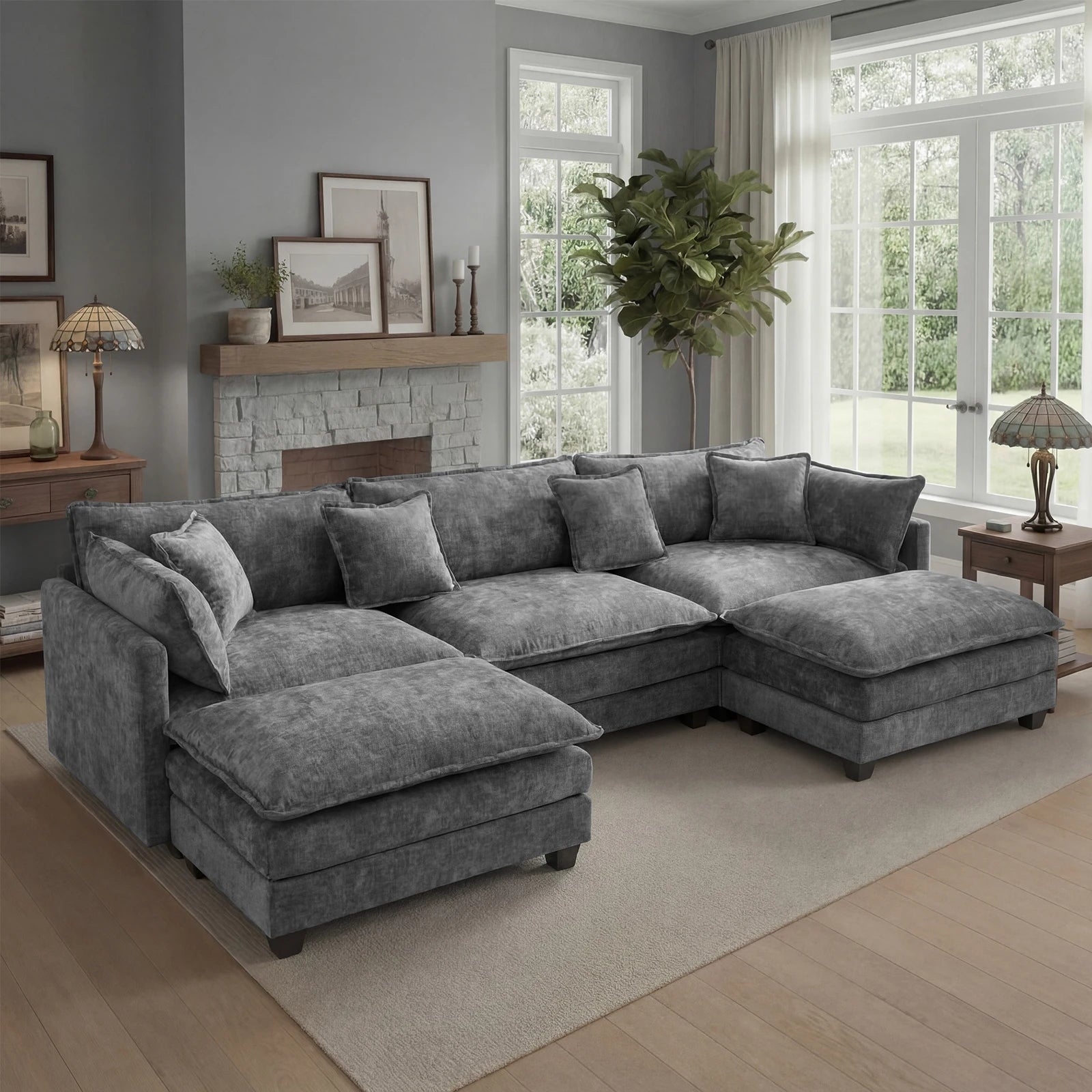 113.4" Modular Sectional Sofa with Ottoman, with Deep Seat (23.6" D)