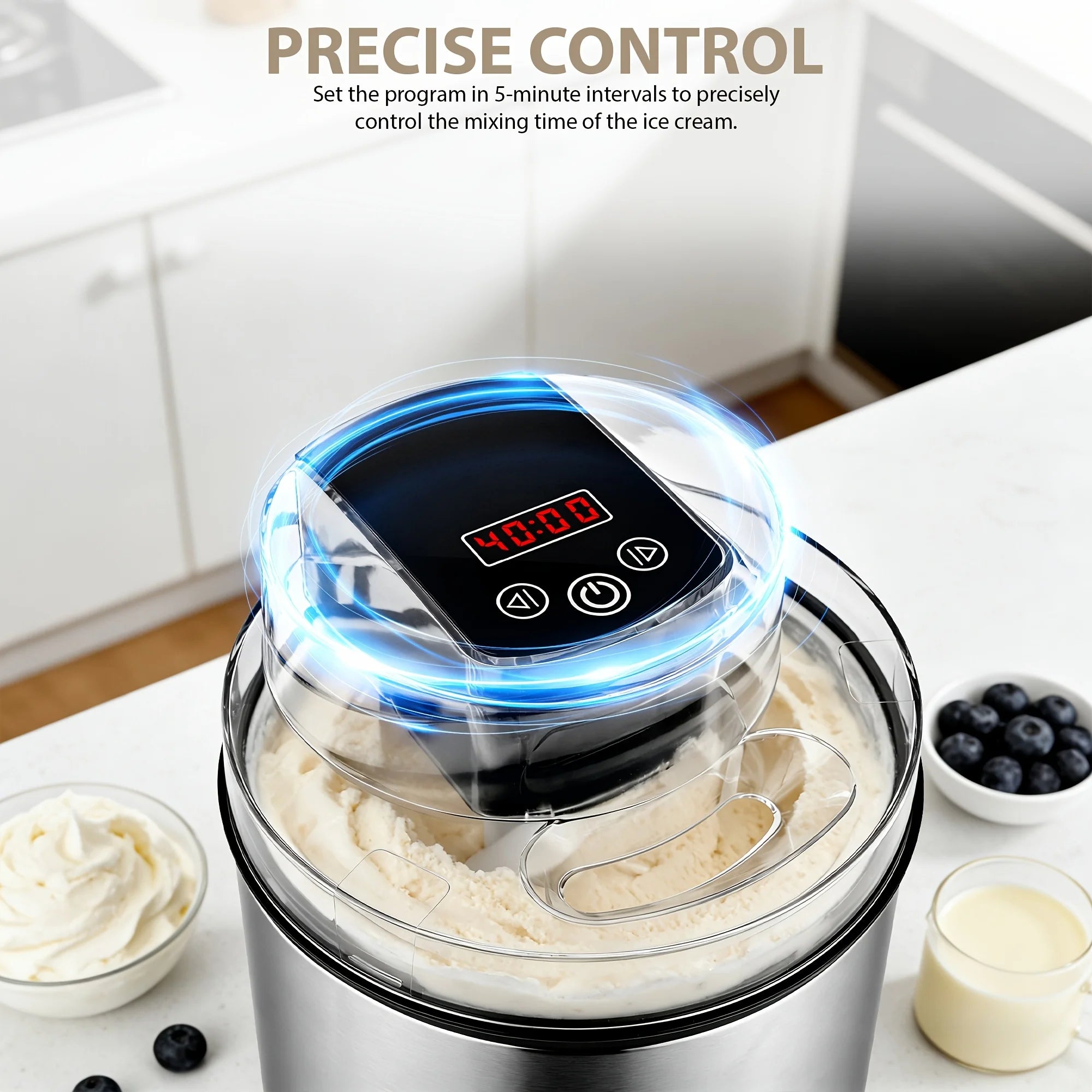 2-liter Large-capacity Electric Ice Cream Maker That Can Make Various Flavors Of Smoothies And Frozen Yogurt. Equipped with An LED Display, Suitable for 1-3 People.