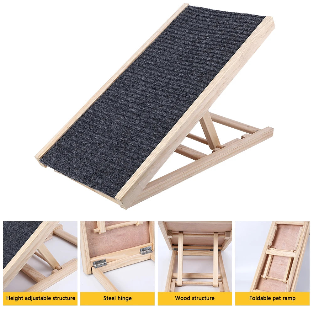 Dog Ramp, Natural Pine Wooden Lightweight Folding Anti-skid Adjustable 2 Height Climbing Ramp