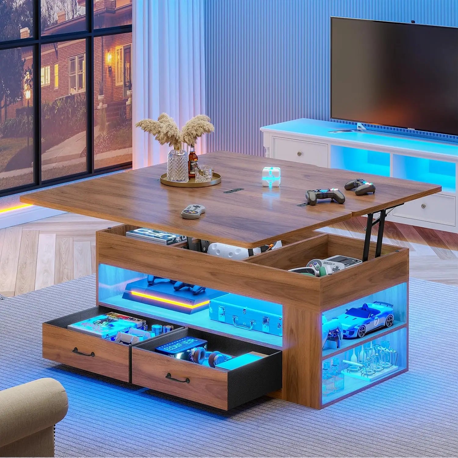Lift Top Coffee Table with Storage Hidden Compartment 2 Fabric Drawers LED Light