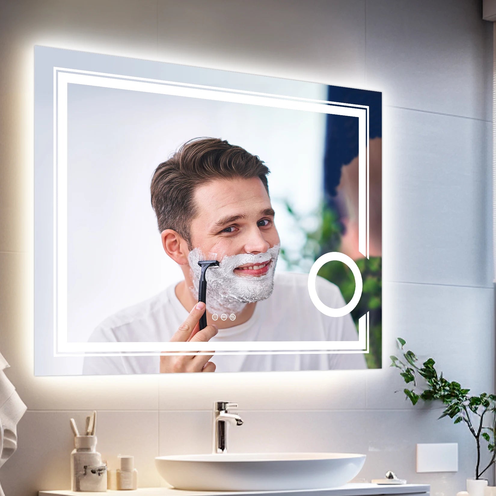 Smart Bathroom Mirror 3X Lighted Magnifier Wall Mounted White Light Front Backlit Dimmable Anti-Fog