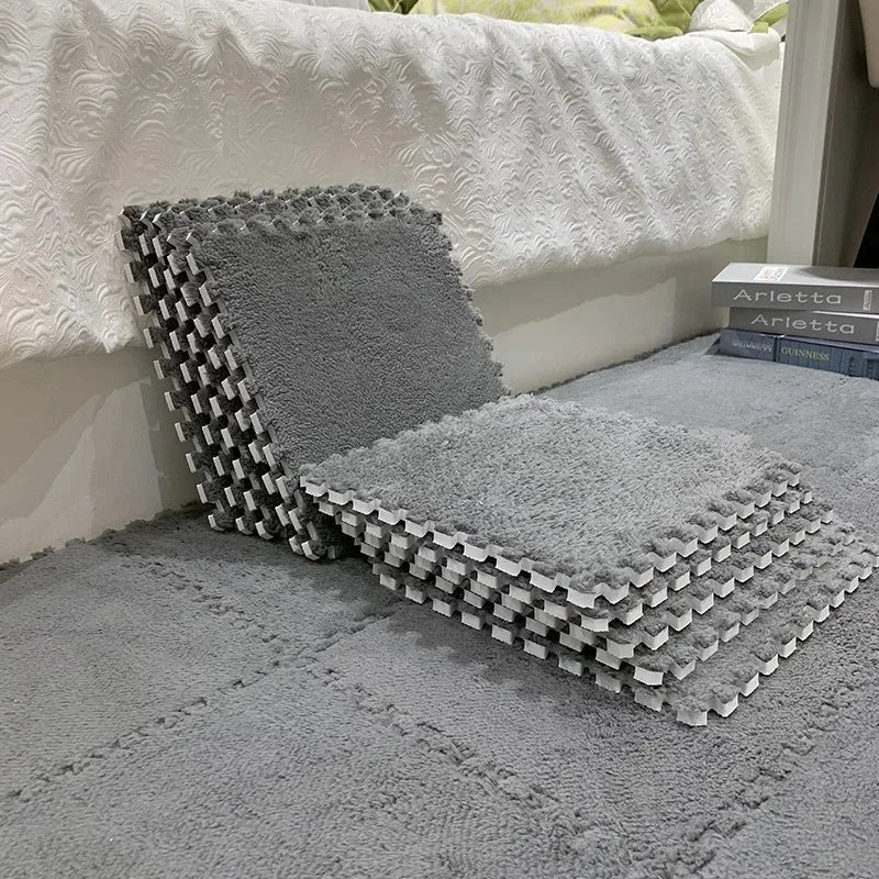 12/24/36/48PCS Grey Interlocking Carpet Shaggy Soft Foam Play Mat  Square Plush Floor Tiles