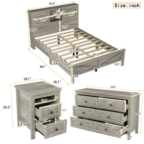 3-Pieces Bedroom Sets Full/ Queen Size Farmhouse Platform Bed with Double Sliding Door Storage Headboard and Charging Station