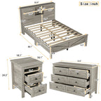 3-Pieces Bedroom Sets Full/ Queen Size Farmhouse Platform Bed with Double Sliding Door Storage Headboard and Charging Station