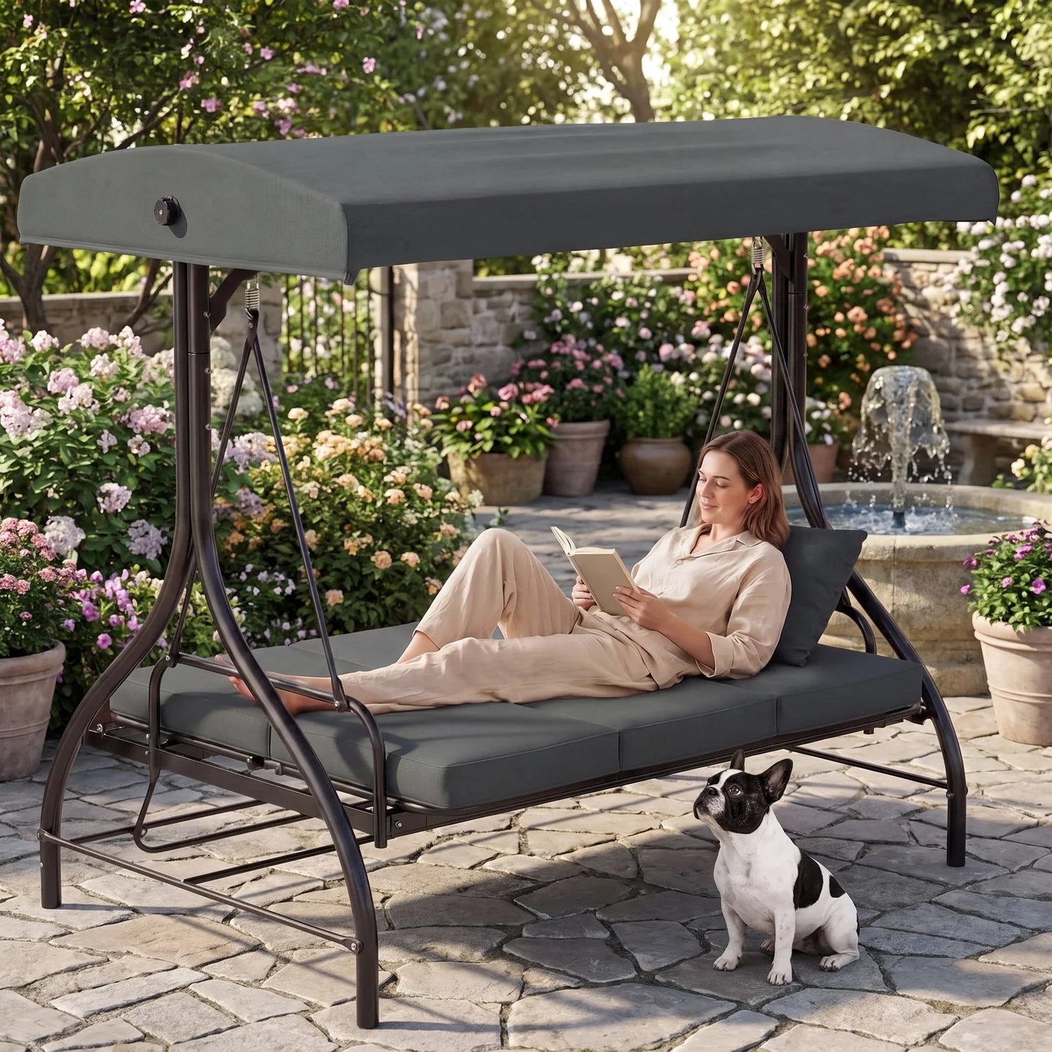 3-Seat Patio Swing with Adjustable Canopy, Backrest , Converting Bed, Thickened Removable Cushions, Up to 750LBS