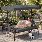 3-Seat Patio Swing with Adjustable Canopy, Backrest , Converting Bed, Thickened Removable Cushions, Up to 750LBS