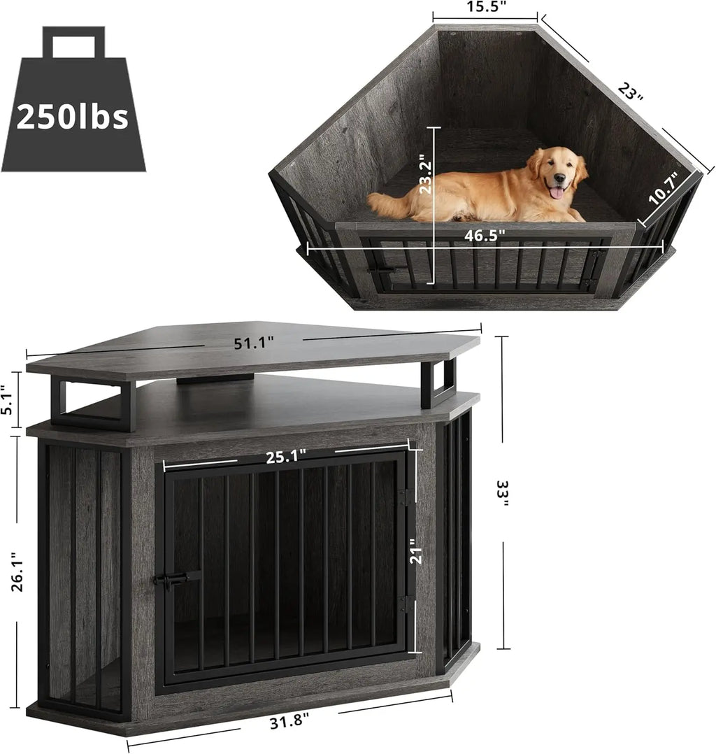 51" Corner Wooden Dog Crate with 2-Tier Shelves
