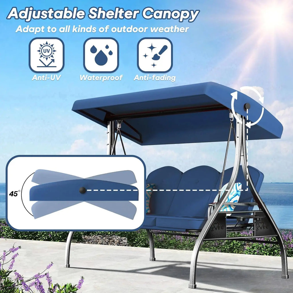 3 Seat Outdoor Porch Patio Swing with Stand 800lbs, 2-in-1 Convertible Swing Bed