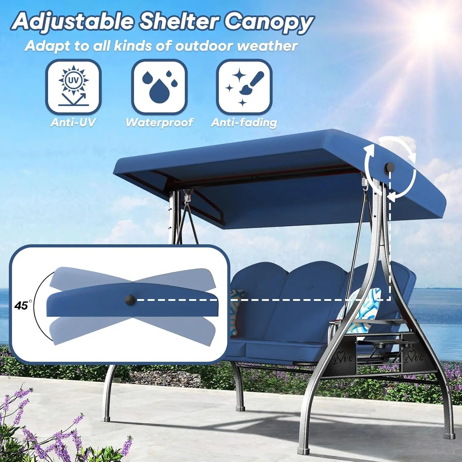 3 Seat Outdoor Porch Patio Swing with Stand 800lbs, 2-in-1 Convertible Swing Bed