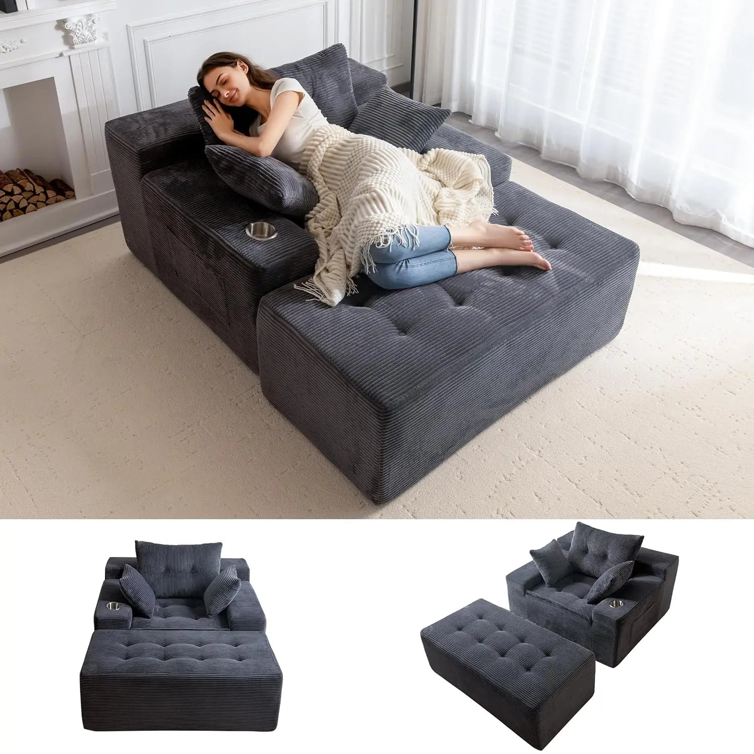 Upholstered Lounge Chair with 3 Pillows, Tufted Boneless Sofa Couch with Ottoman