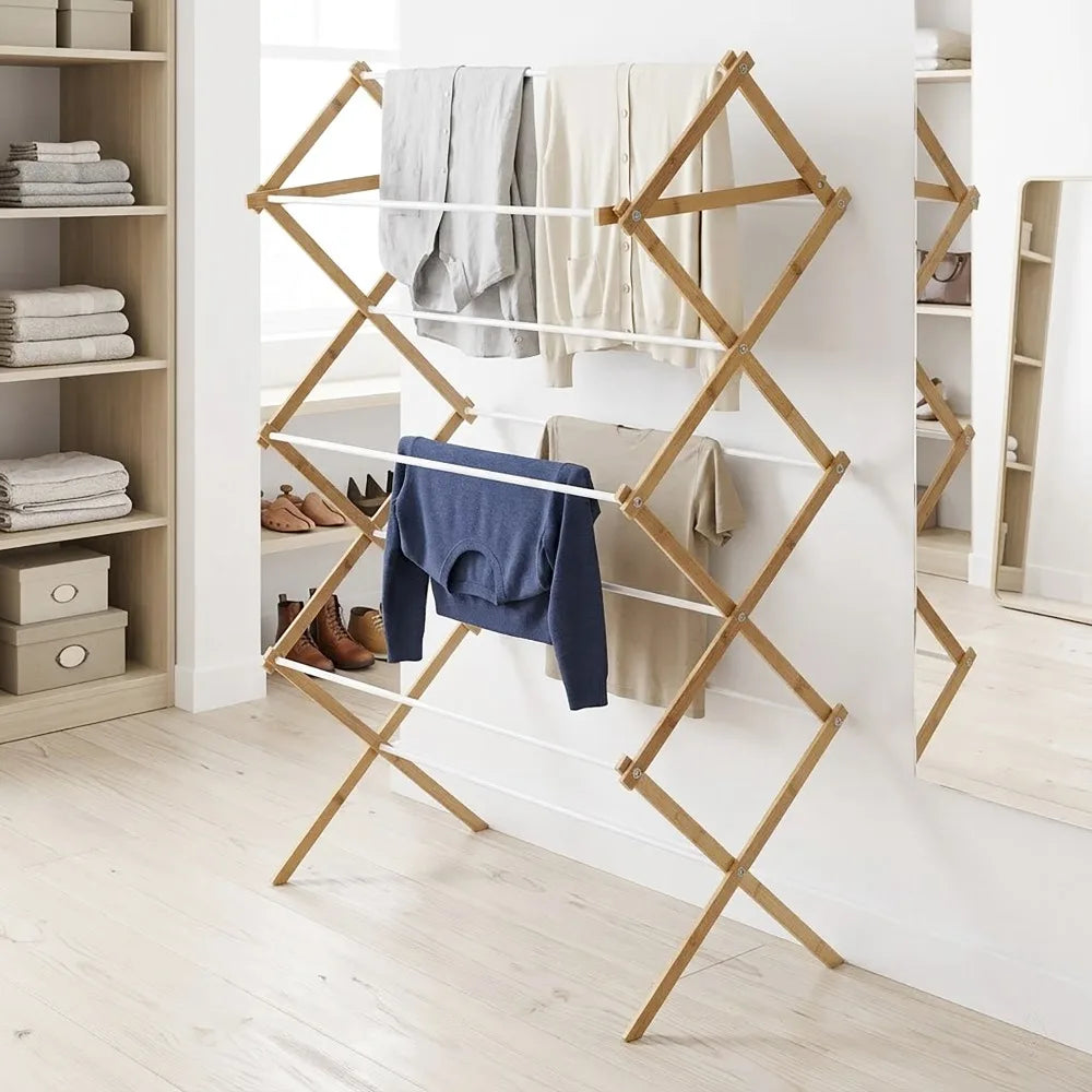 Foldable Bamboo Clothes Drying Rack Collapsible Space Saving Indoor Outdoor
