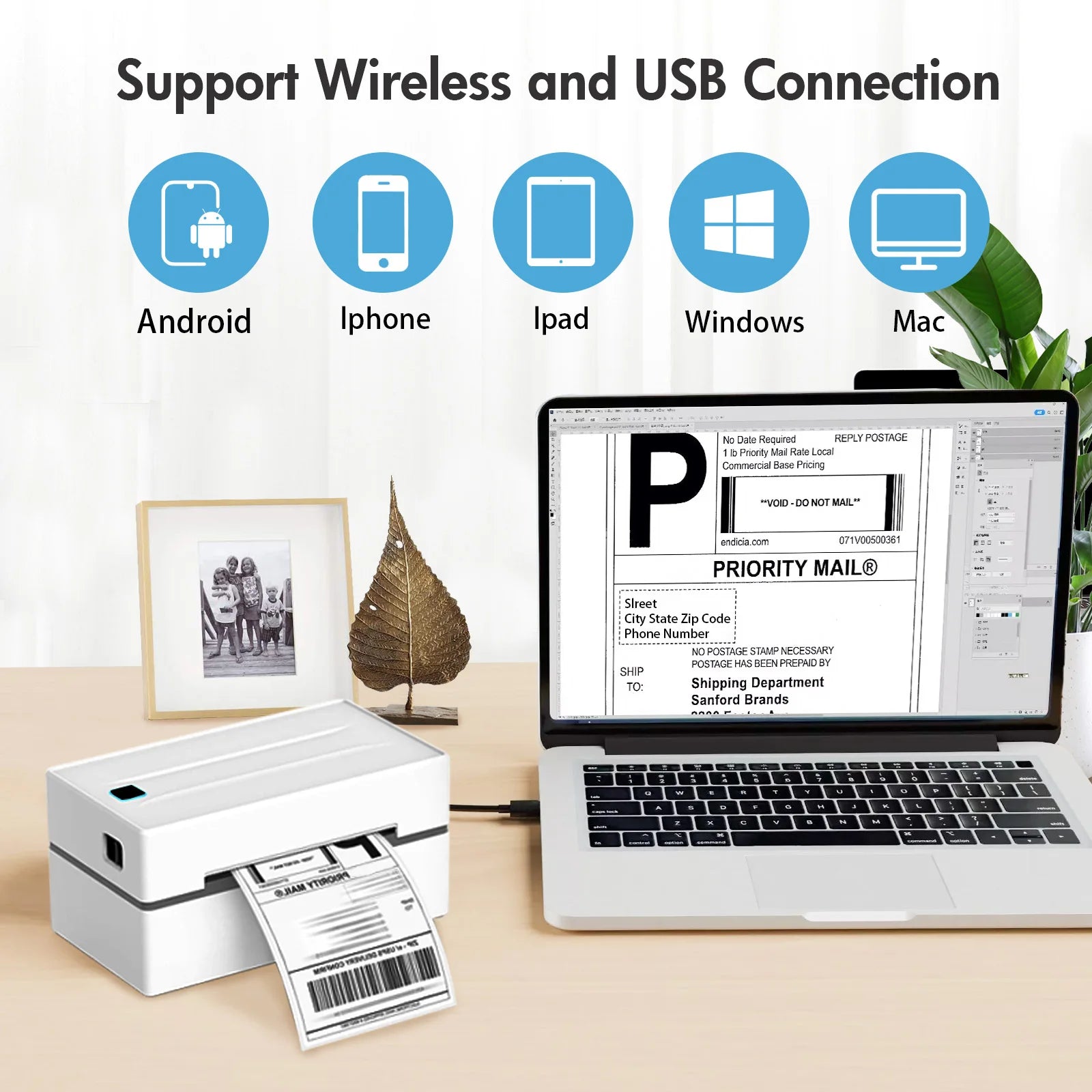 Thermal Label Printer Portable No Ink Required 203DPI 4x6 for Small Business Bluetooth USB