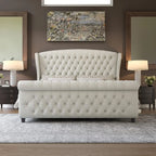 , Chenille Upholstered Sleigh Bed with Scroll Wingback Headboard & Footboard
