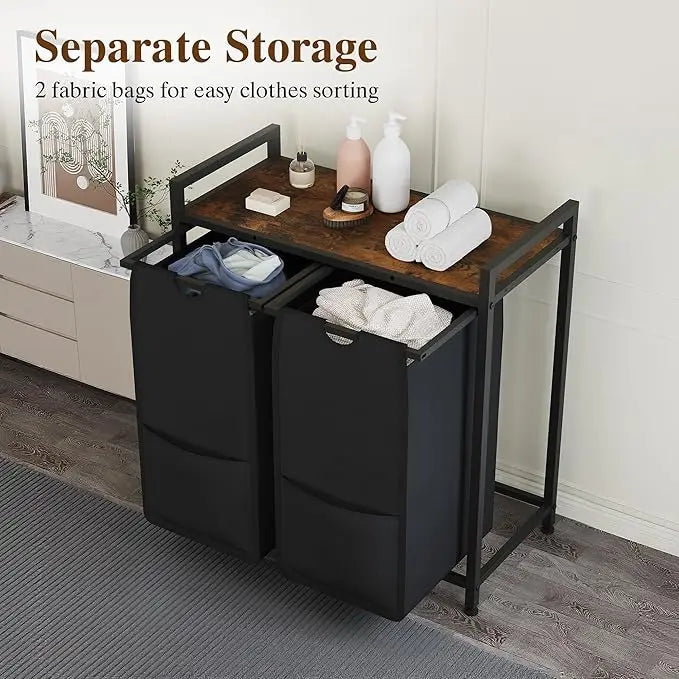 2 Compartments Laundry Basket with Shelf