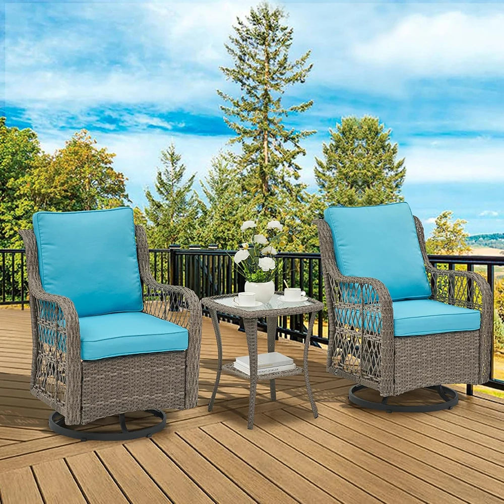 3-Piece Wicker Swivel Rocking Patio Set, 2 Chairs & Glass Table