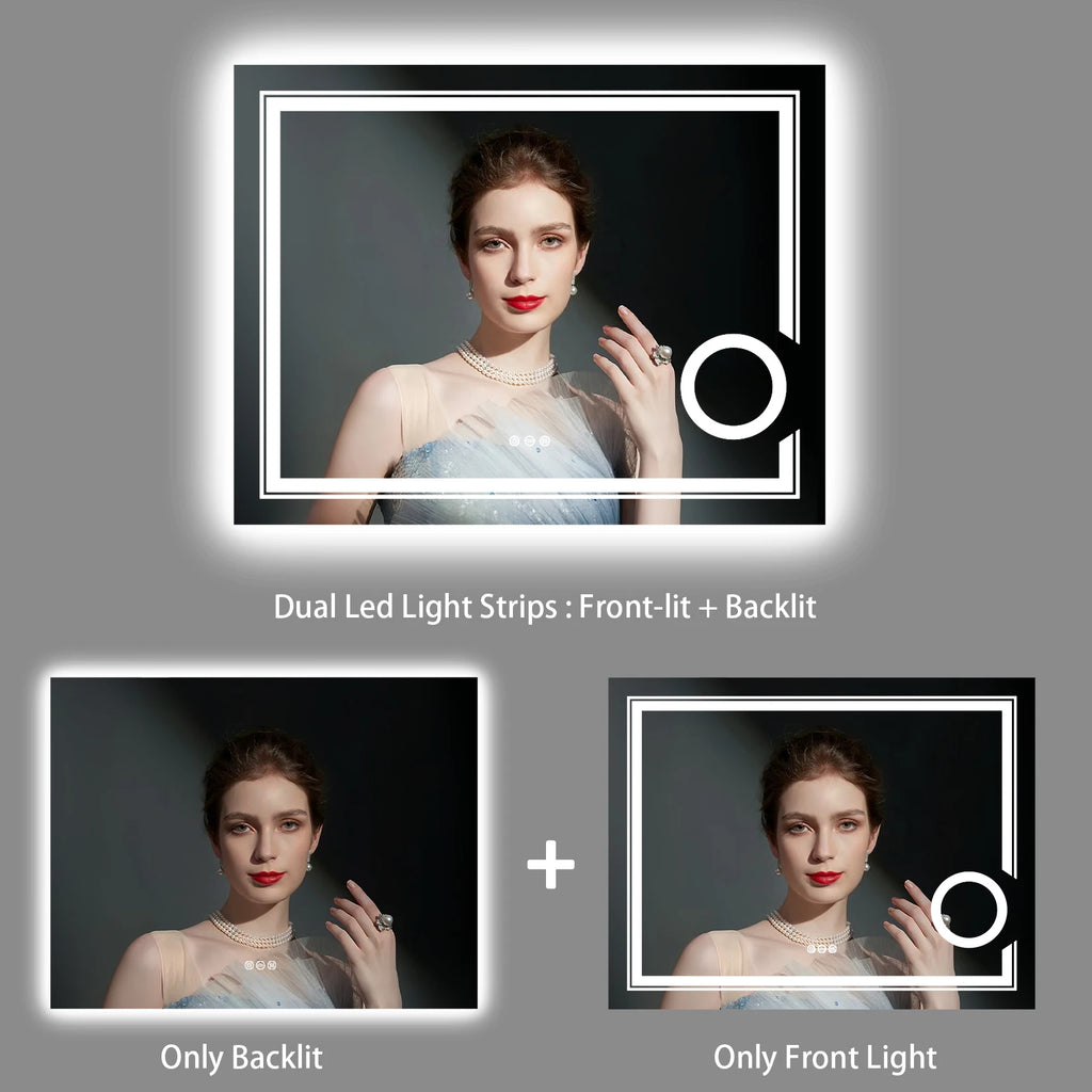 Smart Bathroom Mirror 3X Lighted Magnifier Wall Mounted White Light Front Backlit Dimmable Anti-Fog
